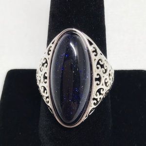 Midnight Blue Oval Sandstone Sterling Silver 925 Large Ring Sz10